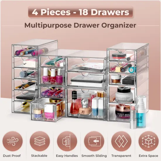 Sorbus 18 Drawers Acrylic Organizer for Makeup, Organization and Storage, Art Supplies, Jewelry, Stationary - 4 Pcs Clear Stackable Storage Drawers {5}