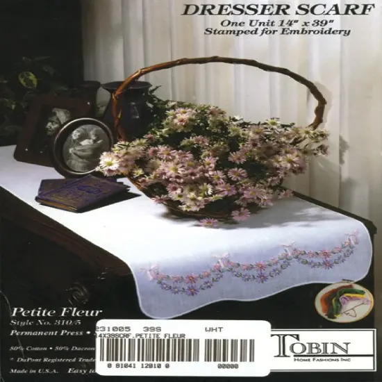 Tobin Stamped For Embroidery White Dresser Scarf 14"X39"-Petit Fleur {1}