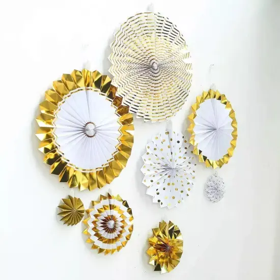 8 WHITE and GOLD Assorted Paper Fans Wall Backdrop {3}