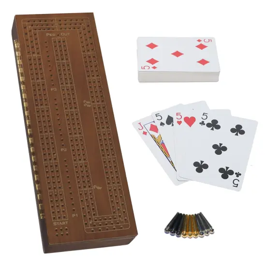 WE Games 3 Player Wooden Cribbage Set - Easy Grip Pegs and 2 Decks of Cards Inside of Board {7}