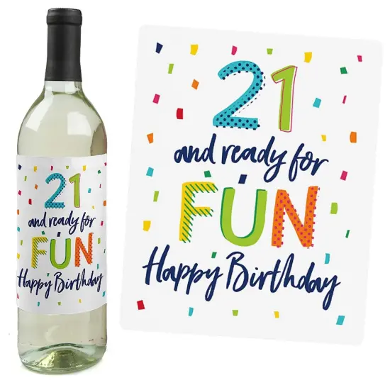 Big Dot of Happiness 21st Birthday - Cheerful Happy Birthday - Colorful Twenty-First Birthday Party Decor - Wine Bottle Label Stickers - Set of 4 {6}