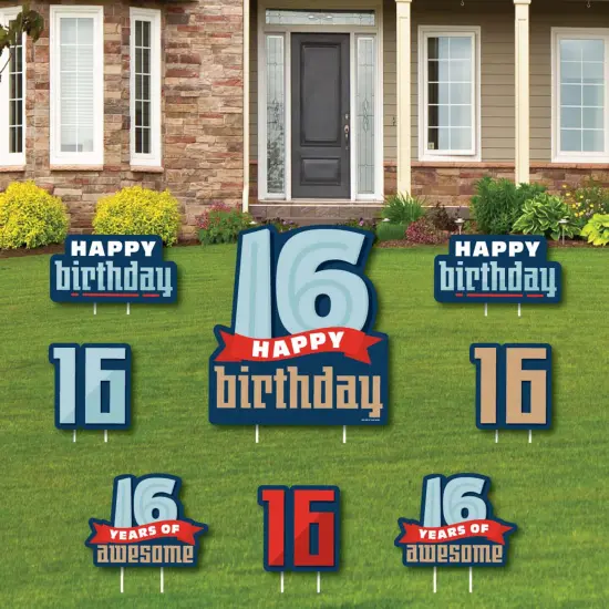 Big Dot of Happiness Boy 16th Birthday - Yard Sign and Outdoor Lawn Decorations - Sweet Sixteen Birthday Party Yard Signs - Set of 8 {1}