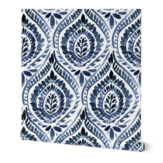 Peel & Stick Wallpaper 2FT Wide Bohemian Leaf Mandala Dark Indigo Blue Boho Botanical Leaves Custom Removable Wallpaper by Spoonflower {7}