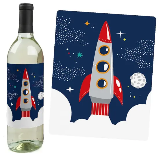 Big Dot of Happiness Blast Off to Outer Space - Rocket Ship Baby Shower Birthday Party Decor for Women & Men - Wine Bottle Label Stickers - Set of 4 {6}