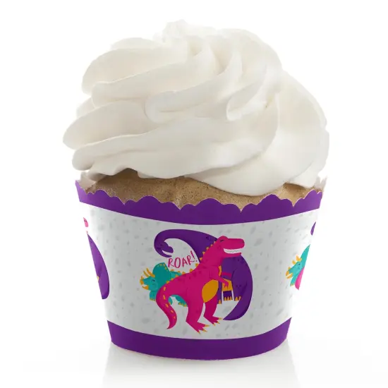 Big Dot of Happiness Roar Dinosaur Girl - Dino Mite T-Rex Baby Shower or Birthday Party Decorations - Party Cupcake Wrappers - Set of 12 {1}