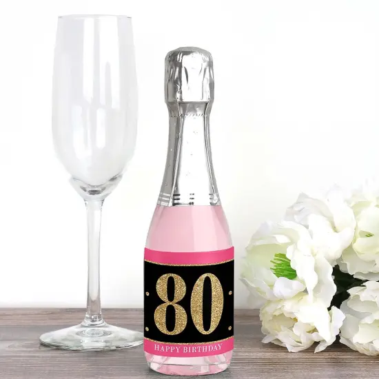 Big Dot of Happiness Chic 80th Birthday - Pink, Black and Gold - Mini Wine and Champagne Bottle Label Stickers - Birthday Party Favor Gift - Set of 16 {3}