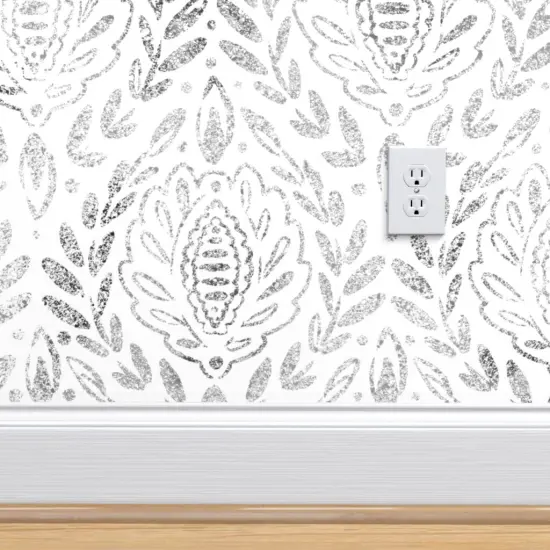 Peel & Stick Wallpaper 2FT Wide Neutral Damask Black And White Leaves Grey Gray Wallpaper Neutral Damask Texture Faded Distressed Custom Removable Wallpaper by Spoonflower {4}