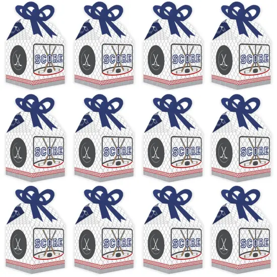 Big Dot of Happiness Shoots & Scores! - Hockey - Square Favor Gift Boxes - Baby Shower or Birthday Party Bow Boxes - Set of 12 {6}