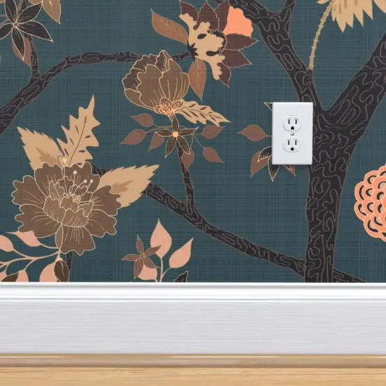 Pre-Pasted Wallpaper 2FT Wide Teal Peony Branch Bro Floral Large Scale Chinoiserie Botanical Woodland Forest Tree Foliage Custom Pre-pasted Wallpaper by Spoonflower {4}