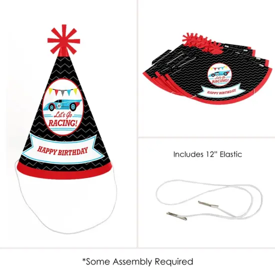 Big Dot of Happiness Let's Go Racing - Racecar - Cone Race Car Happy Birthday Party Hats for Kids and Adults - Set of 8 (Standard Size) {6}