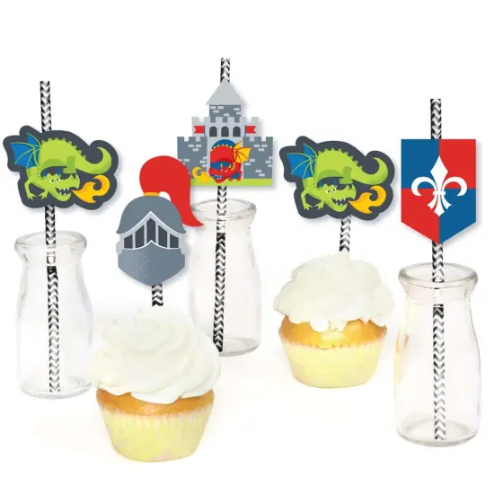 Big Dot of Happiness Calling All Knights and Dragons - Paper Straw Decor - Medieval Party or Birthday Party Striped Decorative Straws - Set of 24 {6}