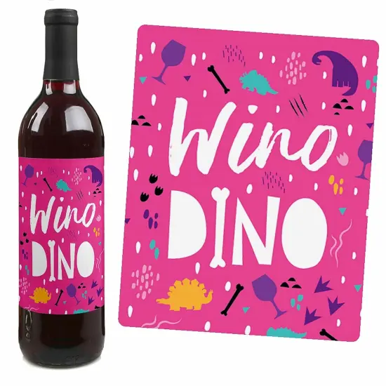 Big Dot of Happiness Roar Dinosaur Girl - Dino Mite T-Rex Party Decorations for Women and Men - Wine Bottle Label Stickers - Set of 4 {7}