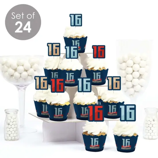 Big Dot of Happiness Boy 16th Birthday - Cupcake Decoration - Sweet Sixteen Birthday Party Cupcake Wrappers and Treat Picks Kit - Set of 24 {3}