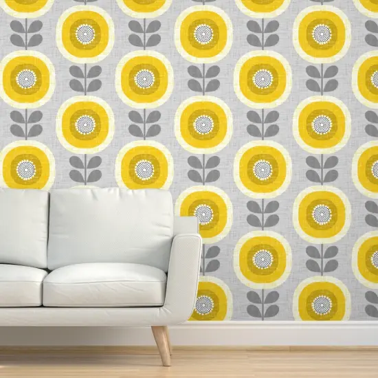 Peel & Stick Wallpaper 2FT Wide Mid Century Floral Scandi Style Faux Woven Texture Gray Yellow Sunflowers Custom Removable Wallpaper by Spoonflower {5}