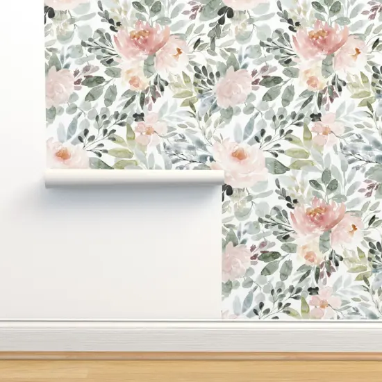 Pre-Pasted Wallpaper 2FT Wide Soft Floral Watercolor Roses Sage Green Blush Baby Girl Nursery Wedding Flowers Botanical Custom Pre-pasted Wallpaper by Spoonflower 10114394 {2}