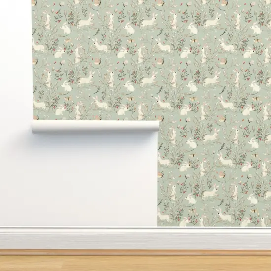 Pre-Pasted Wallpaper 2FT Wide Whimsical Bunnies Easter Bunny Woodland Animals Forest Butterflies Sage Green Custom Pre-pasted Wallpaper by Spoonflower {2}