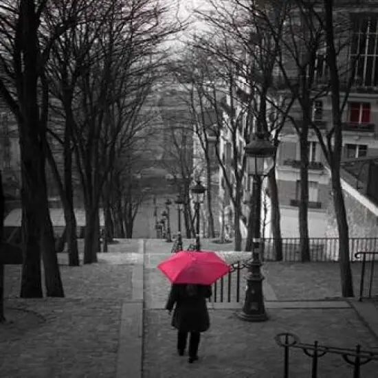 Woman with red umbrella standing on staircase in Montmartre, Paris, France Poster Print byAssaf Frank - Item # VARPDXAF20120315648 {2}