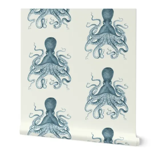 Peel & Stick Wallpaper 2FT Wide Octopus Sea Illustration Vintage Squid Nautical Coastal Ocean Beach Custom Removable Wallpaper by Spoonflower {7}