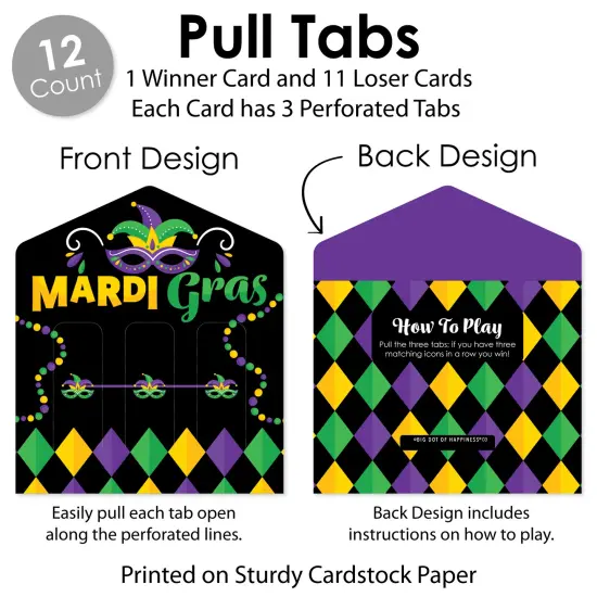 Big Dot of Happiness Colorful Mardi Gras Mask - Masquerade Party Game Pickle Cards - Pull Tabs 3-in-a-Row - Set of 12 {6}