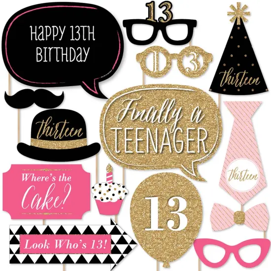 Big Dot of Happiness Chic 13th Birthday - Pink, Black and Gold - Photo Booth Props Kit - 20 Count {1}