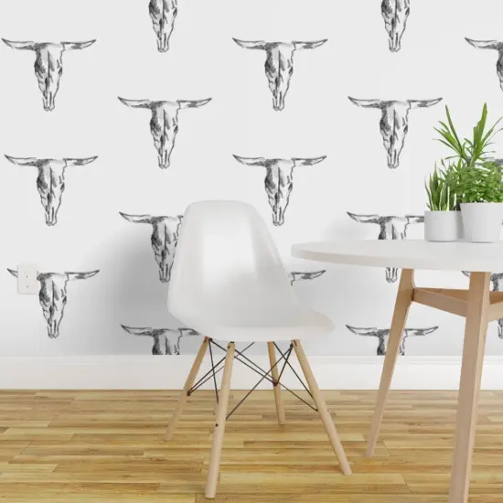 Peel & Stick Wallpaper 2FT Wide Cow Skull Bull Black And White Western Cowboy Rustic Custom Removable Wallpaper by Spoonflower {1}