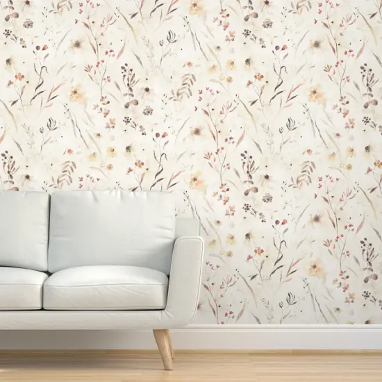 Peel & Stick Wallpaper 2FT Wide Elegant Meadow Wildflowers Hand-Painted Neutral Botanical Feminine Earth Tone Garden Custom Removable Wallpaper by Spoonflower {5}