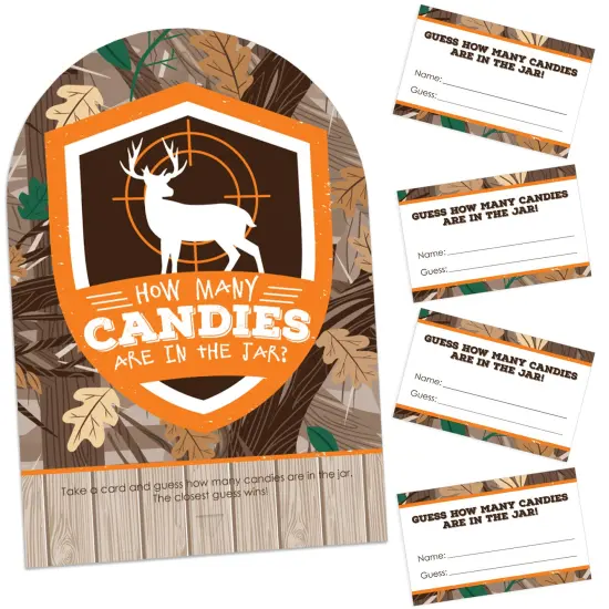 Big Dot of Happiness Gone Hunting - How Many Candies Deer Hunting Camo Baby Shower or Birthday Party Game - 1 Stand and 40 Cards - Candy Guessing Game {1}