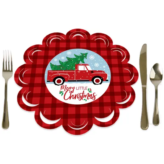 Big Dot of Happiness Merry Little Christmas Tree - Red Truck Christmas Party Round Table Decorations - Paper Chargers - Place Setting For 12 {1}