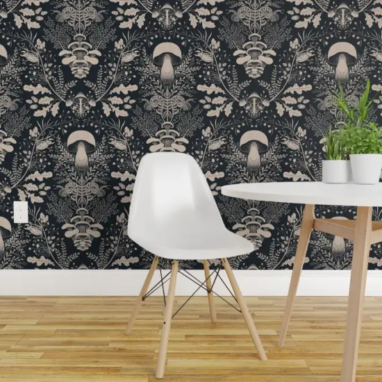 Pre-Pasted Wallpaper 2FT Wide Mushroom Damask Floral Forest Snail Ferns Acorn Beetles Leaves Oak Porcini Outdoors Nature Custom Pre-pasted Wallpaper by Spoonflower {1}