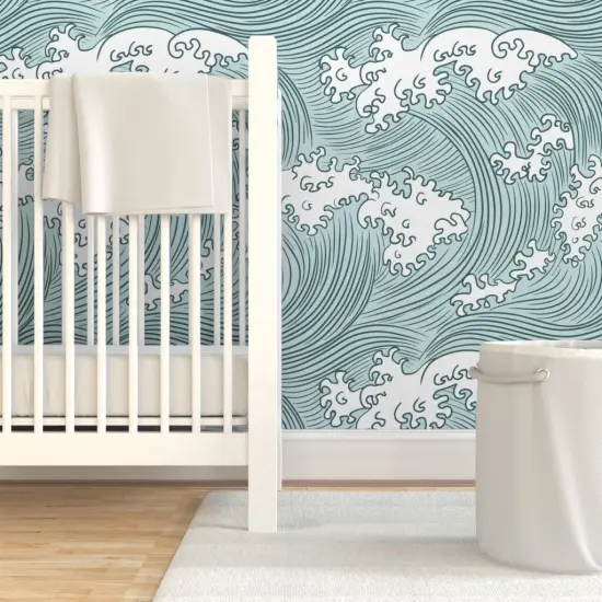 Pre-Pasted Wallpaper 2FT Wide Rolling Waves Vintage Asian Chinese Japan Japanese Water Line Summer Doodle Home Decor Sea Ocean Wave Custom Pre-pasted Wallpaper by Spoonflower {7}