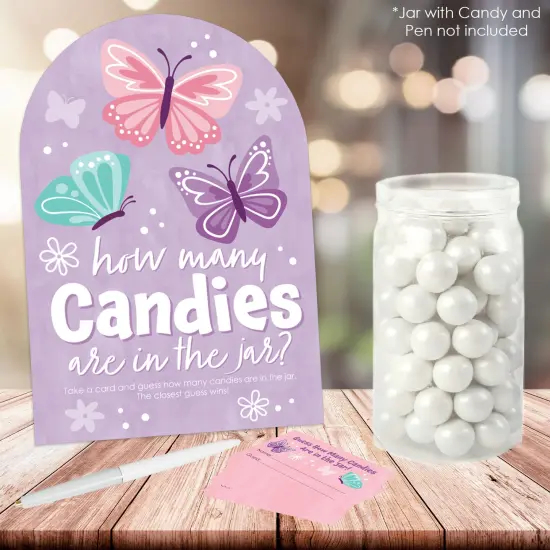 Big Dot of Happiness Beautiful Butterfly - How Many Candies Floral Baby Shower or Birthday Party Game - 1 Stand and 40 Cards - Candy Guessing Game {6}