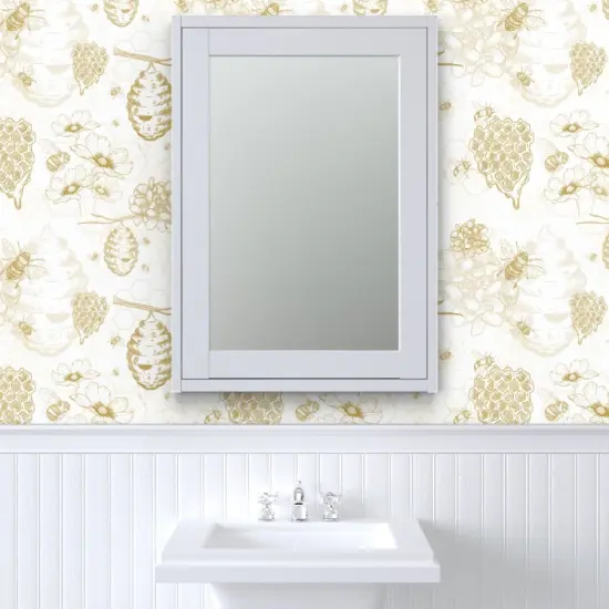 Peel & Stick Wallpaper 2FT Wide Yellow Flowers Mustard Bee Honey Toile Beehive Honeycomb Hexagon Pollen Beekeeper Handdrawn Modern Apiary Custom Removable Wallpaper by Spoonflower {6}