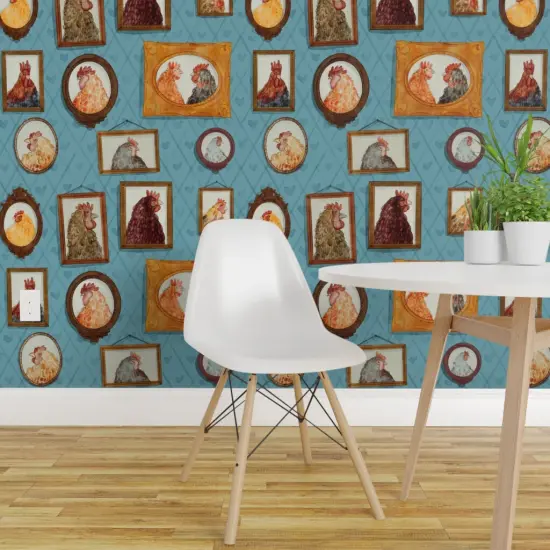 Peel & Stick Wallpaper 2FT Wide Chickens,farm animals,Portraits,family,farmhouse,vintage inspired,rooster Custom Removable Wallpaper by Spoonflower {1}