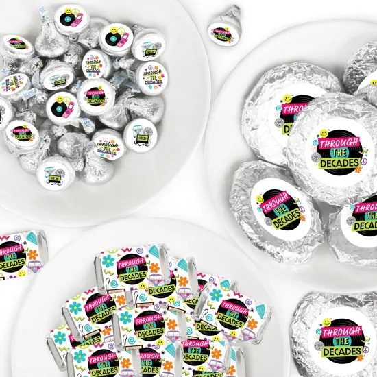 Big Dot of Happiness Through the Decades Mini Candy Bar Wrappers, Round Candy Stickers and Circle Stickers - Party Candy Favor Sticker Kit 304 Pieces {1}