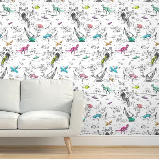 Peel & Stick Wallpaper 2FT Wide Adventure Toile Pop Dinosaurs Cars Planes Bears Trains Space Fantasy Kids Custom Removable Wallpaper by Spoonflower {5}