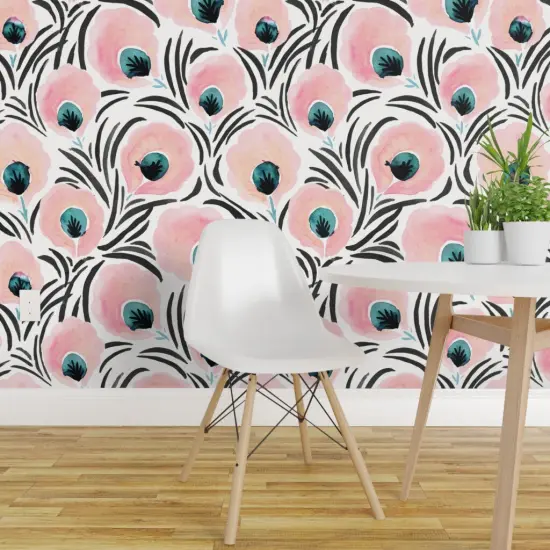 Pre-Pasted Wallpaper 2FT Wide Feather Flowers Floral Art Deco Soft Pastel Blush Pink White Turquoise Black Custom Pre-pasted Wallpaper by Spoonflower {1}
