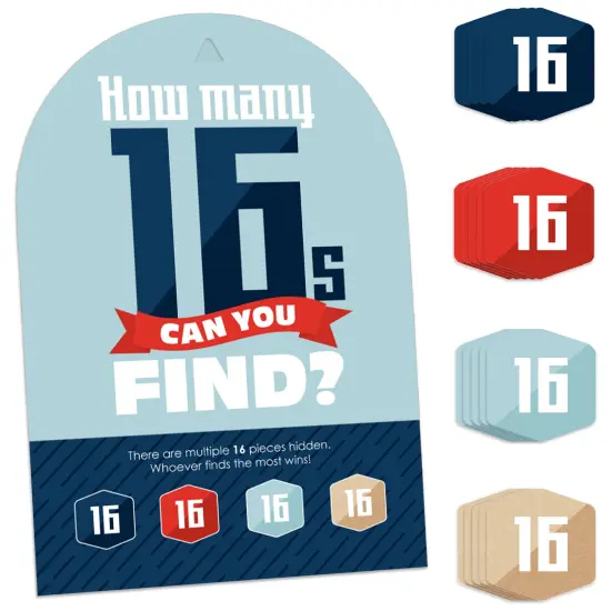 Big Dot of Happiness Boy 16th Birthday - Sweet Sixteen Birthday Party Scavenger Hunt - 1 Stand and 48 Game Pieces - Hide and Find Game {1}