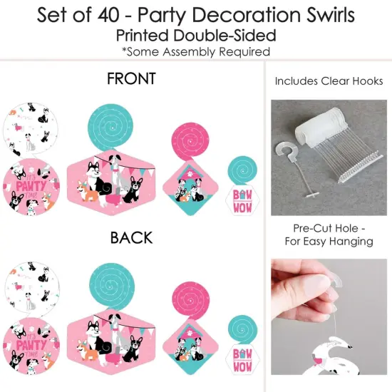 Big Dot of Happiness Pawty Like a Puppy Girl - Pink Dog Baby Shower or Birthday Party Hanging Decor - Party Decoration Swirls - Set of 40 {7}