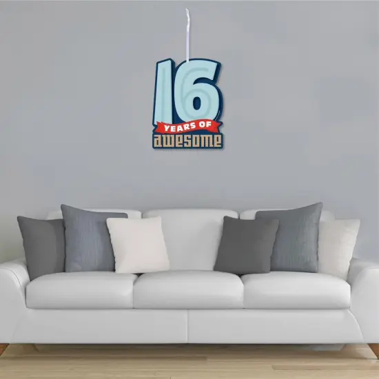 Big Dot of Happiness Boy 16th Birthday - Hanging Porch Sweet Sixteen Birthday Party Outdoor Decorations - Front Door Decor - 1 Piece Sign {4}