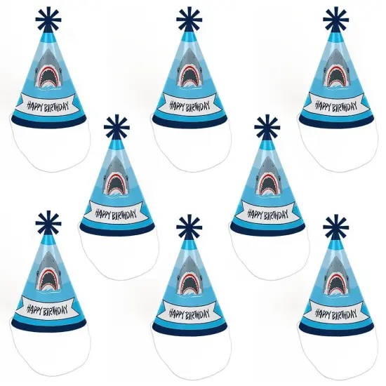 Big Dot of Happiness Shark Zone - Cone Jawsome Shark Happy Birthday Party Hats for Kids and Adults - Set of 8 (Standard Size) {7}