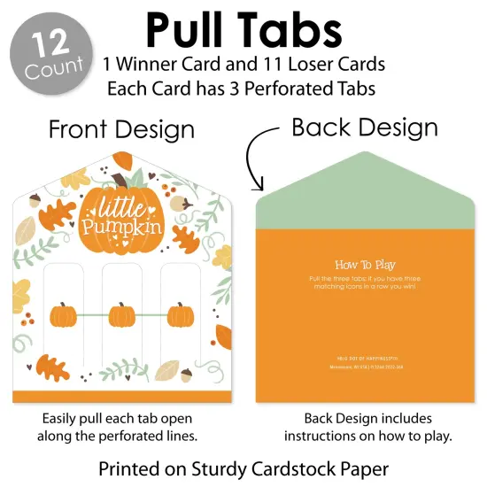 Big Dot of Happiness Little Pumpkin - Fall Birthday Party or Baby Shower Game Pickle Cards - Pull Tabs 3-in-a-Row - Set of 12 {6}