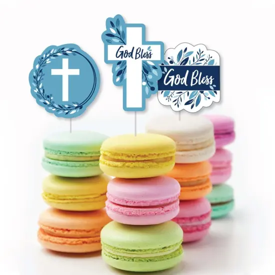 Big Dot of Happiness Blue Elegant Cross - Dessert Cupcake Toppers - Boy Religious Party Clear Treat Picks - Set of 24 {6}
