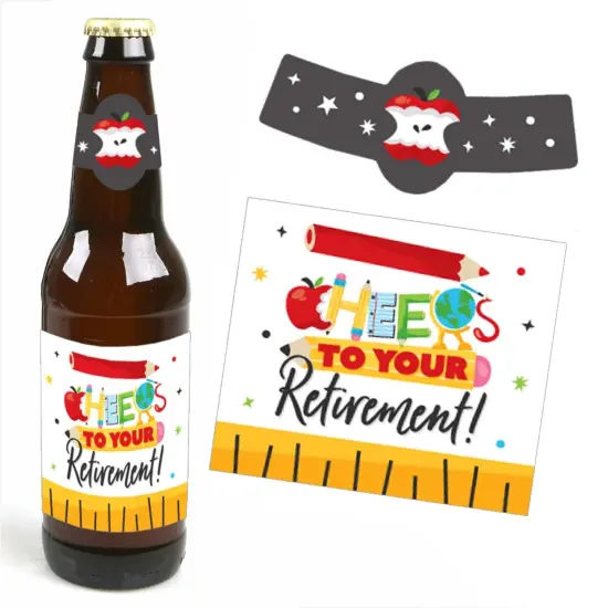 Big Dot of Happiness Teacher Retirement - Happy Retirement Party Decorations for Women and Men - 6 Beer Bottle Label Stickers and 1 Carrier {4}