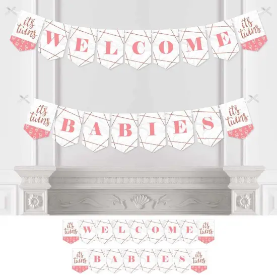 Big Dot of Happiness It's Twin Girls - Pink and Rose Gold Twins Baby Shower Bunting Banner - Party Decorations - Welcome Babies {1}