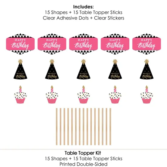 Big Dot of Happiness Chic Happy Birthday - Pink, Black and Gold - Birthday Party Centerpiece Sticks - Table Toppers - Set of 15 {7}