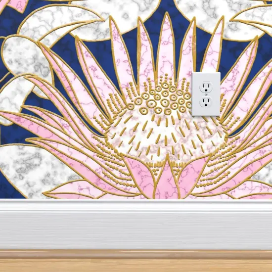 Peel & Stick Wallpaper 2FT Wide Blush Deco Floral Art Large Scale Marble Pink Flower Gold And Lotus William Morris Custom Removable Wallpaper by Spoonflower {4}