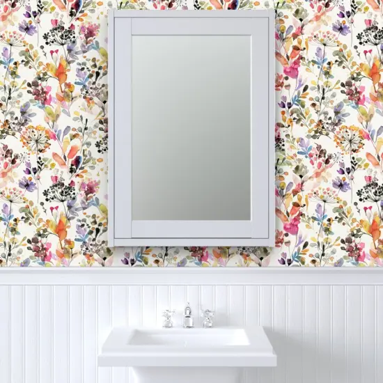 Pre-Pasted Wallpaper 2FT Wide Watercolor Plants Floral Nature Abstract Plants Home Decor Watercolor Botanical Grasses Countryside Rustic Painterly Artistic Custom Pre-pasted Wallpaper by Spoonflower {6}