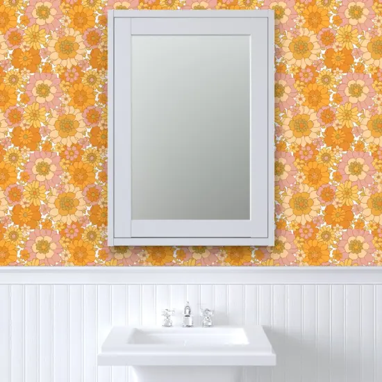 Peel & Stick Wallpaper 2FT Wide 1970S Floral Orange Retro Flowers Vintage Boho 1960S Flower Power Bright Sunny Groovy Custom Removable Wallpaper by Spoonflower {6}
