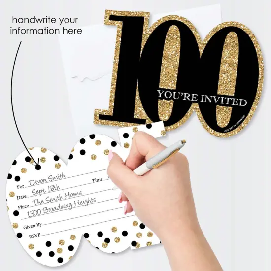 Big Dot of Happiness Adult 100th Birthday - Gold - Shaped Fill-In Invitations - Birthday Party Invitation Cards with Envelopes - Set of 12 {3}