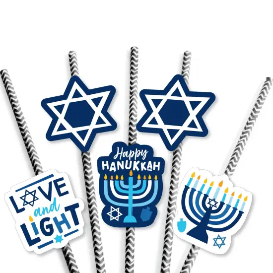 Big Dot of Happiness Hanukkah Menorah - Paper Straw Decor - Chanukah Holiday Party Striped Decorative Straws - Set of 24 {7}